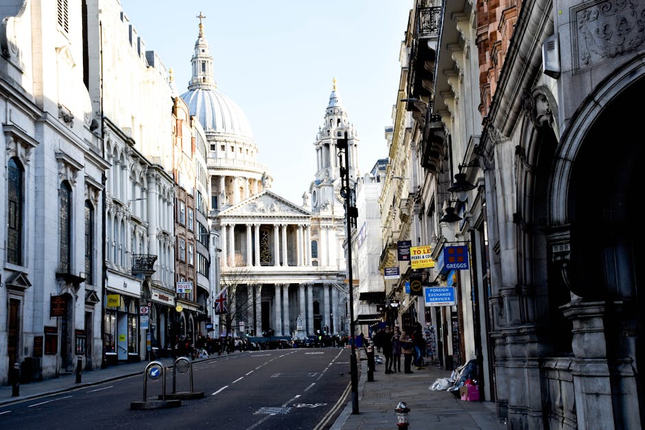 A wide street scene in Central London, showcasing historic architecture with ornate stone facades and decorative detailing on both sides. In the background, St. Paul's Cathedral with its large dome and classical columns is prominently visible, illuminated by natural daylight under a clear blue sky. The street is lined with various shops and businesses, some with signs indicating services such as currency exchange and property lettings, and a few pedestrians walking on the pavement. In the foreground, there are a few bike racks and street lamps, with some litter and bags placed along the sidewalk. The scene depicts a typical urban environment suitable for home relocation or furniture transport, with the setting emphasizing the importance of careful loading and movement logistics in city environments, aligning with the services provided by Man with Van St Pauls Cray during residential moves or packing and moving processes.